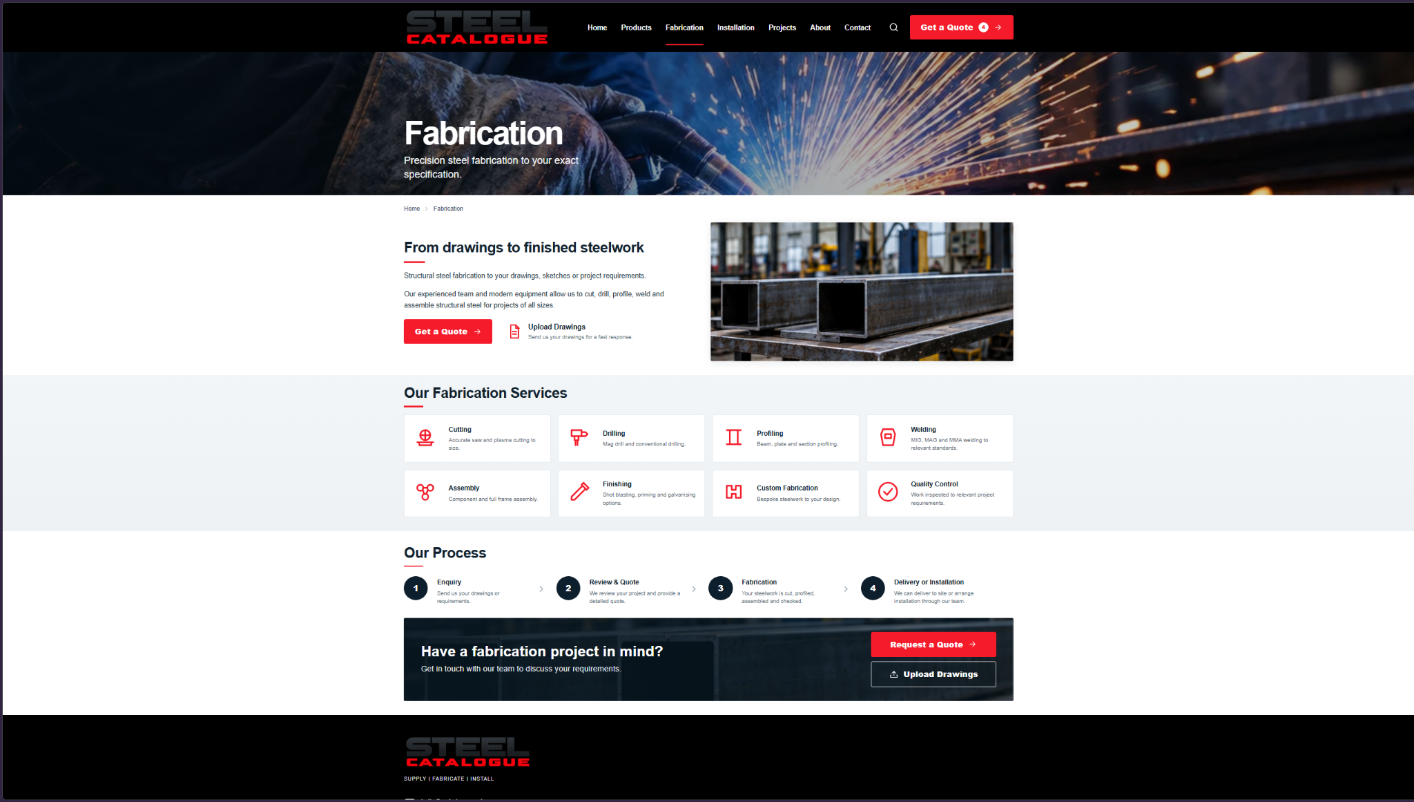 Steel Catalogue fabrication service page with capabilities and process
