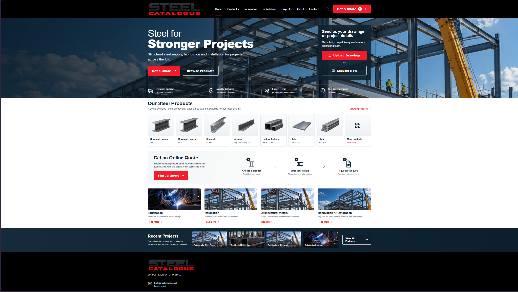 Steel Catalogue homepage with product catalogue and online quote journey
