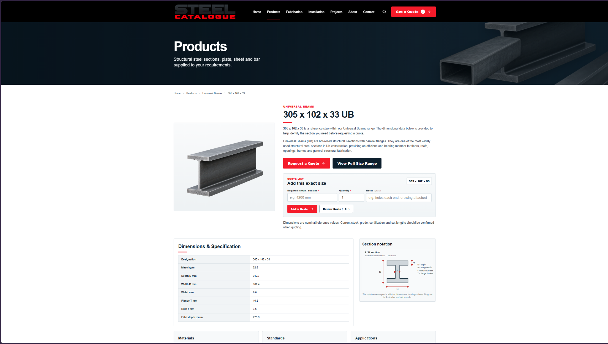 Steel Catalogue product detail page for a universal column with specifications and quote controls