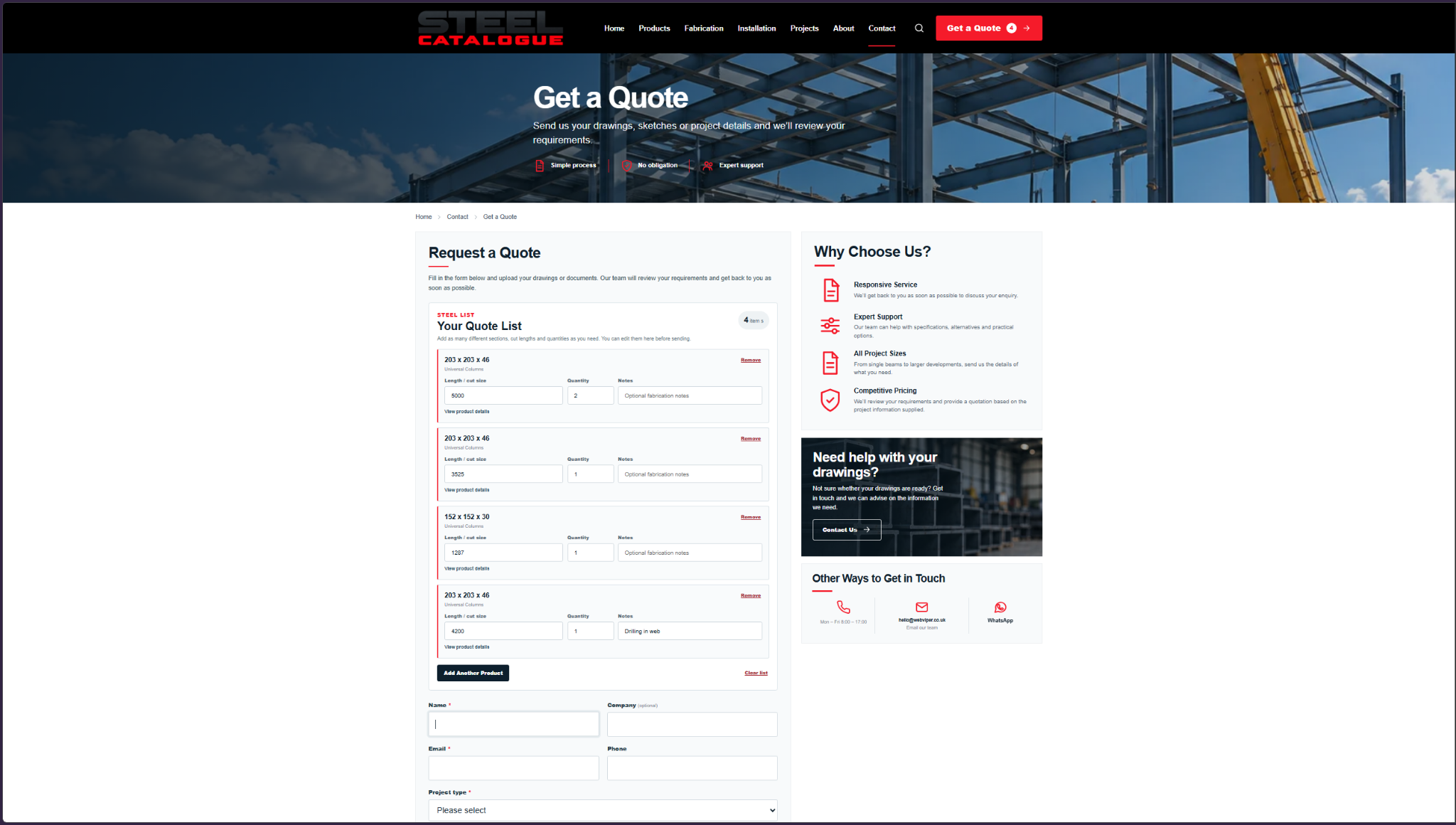 Steel Catalogue quote page showing several steel products, lengths, quantities and customer details