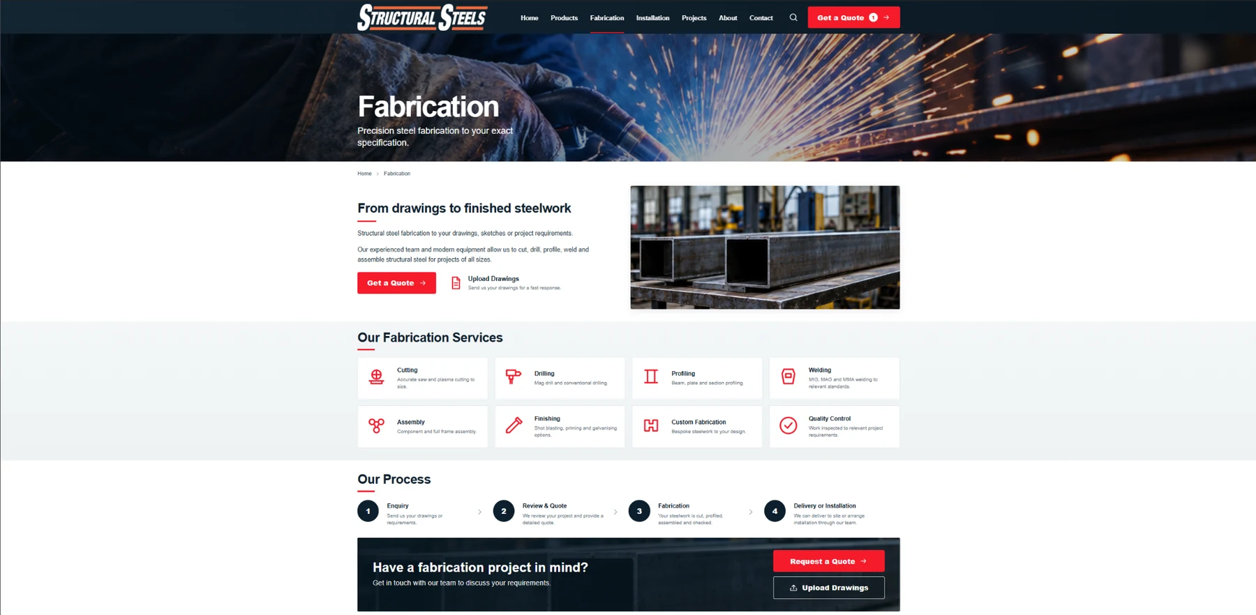 Structural Steels fabrication service page with capabilities and process