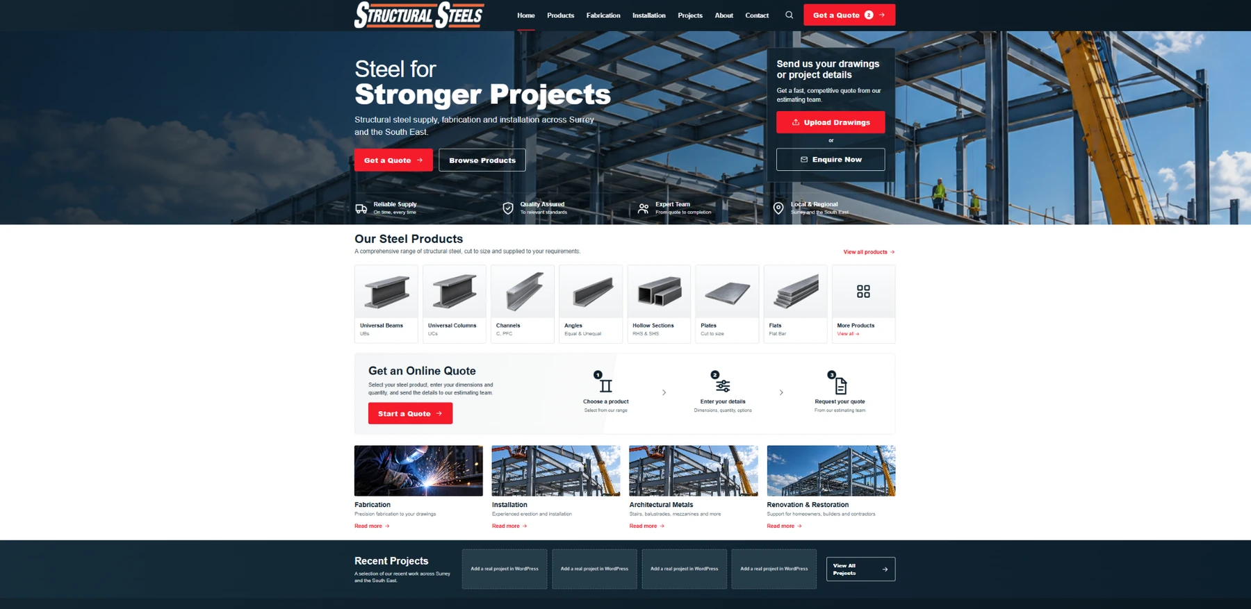 Structural Steels website homepage showing steel products, quoting tools and service sections