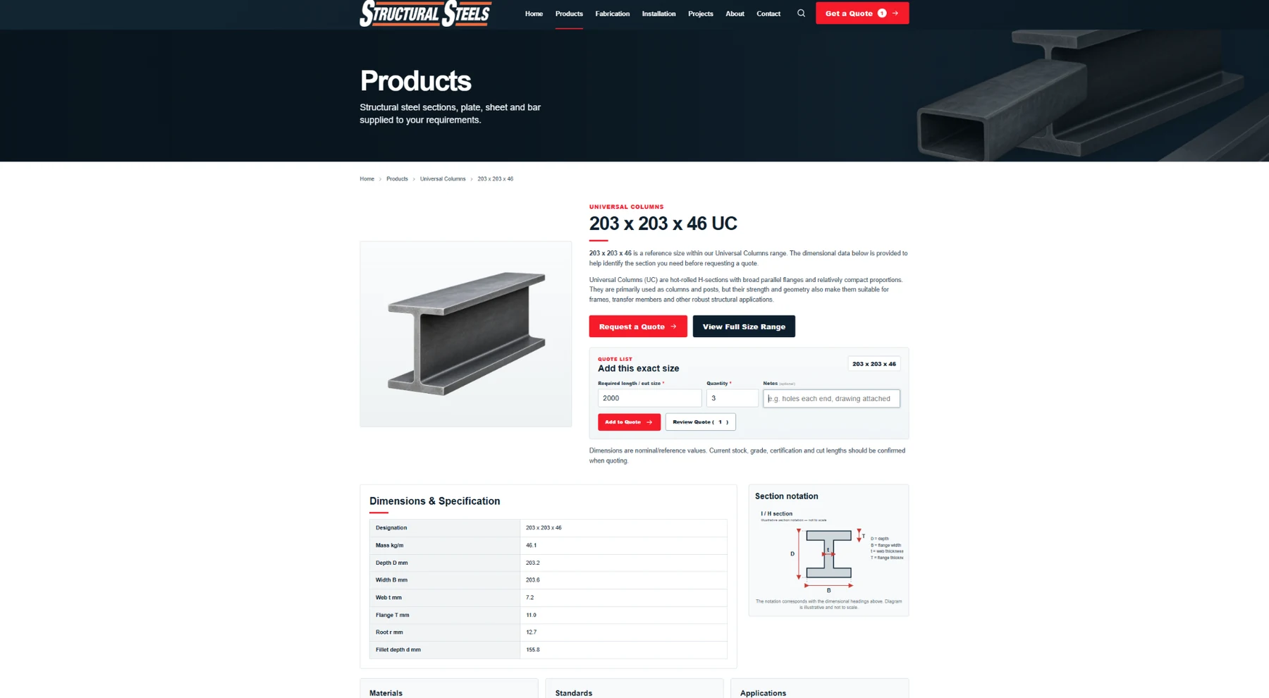 Structural Steels product detail page for a universal column with specifications and quote controls