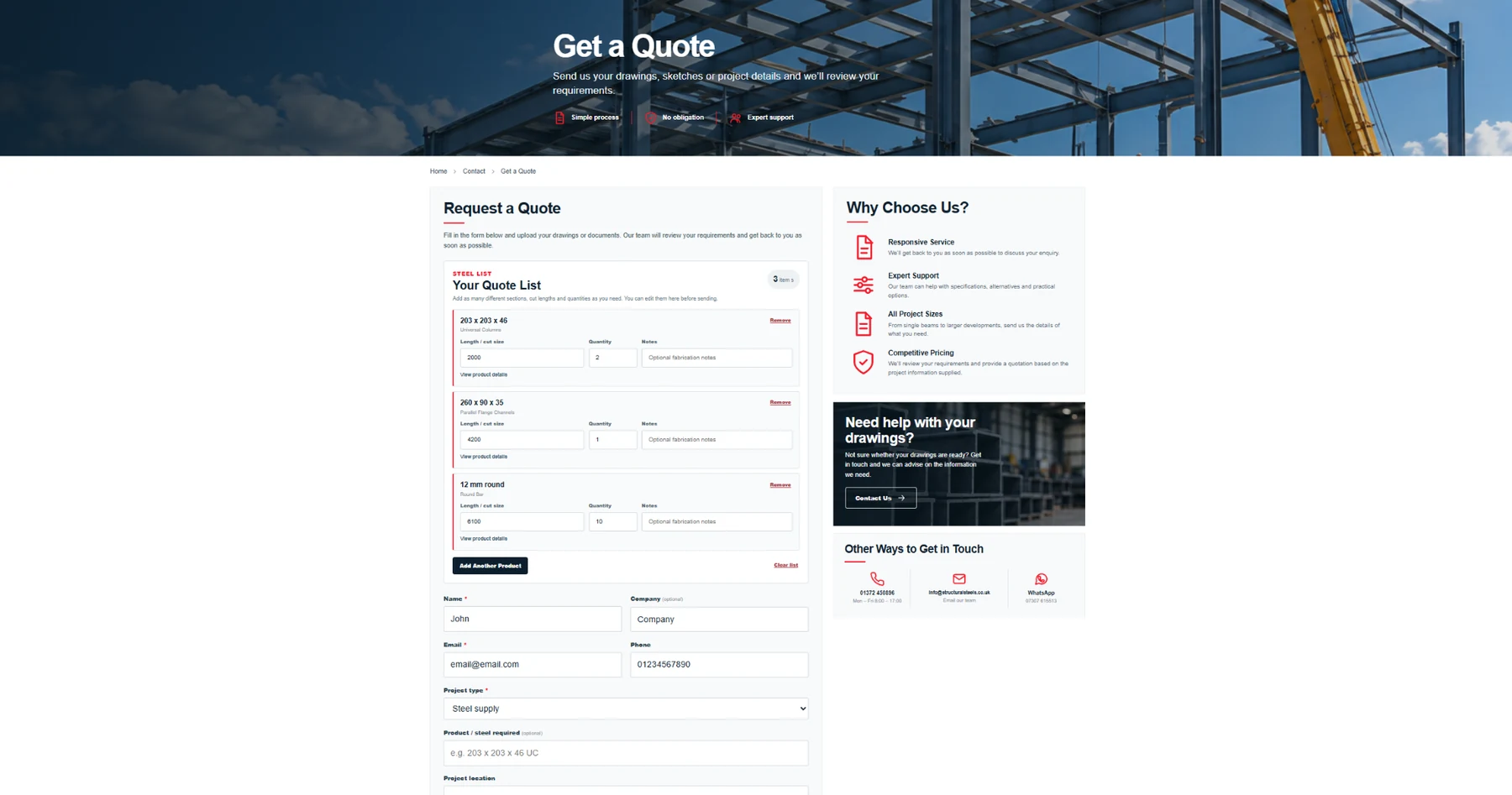 Structural Steels quote page showing several steel products, lengths, quantities and customer details